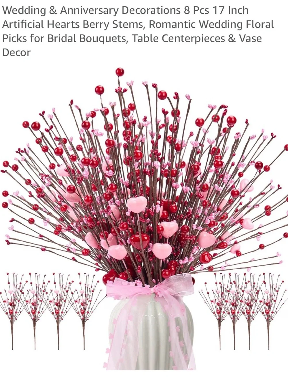 Artificial Heart & Berry Stem Bouquet - Pink and Red - Home Accents